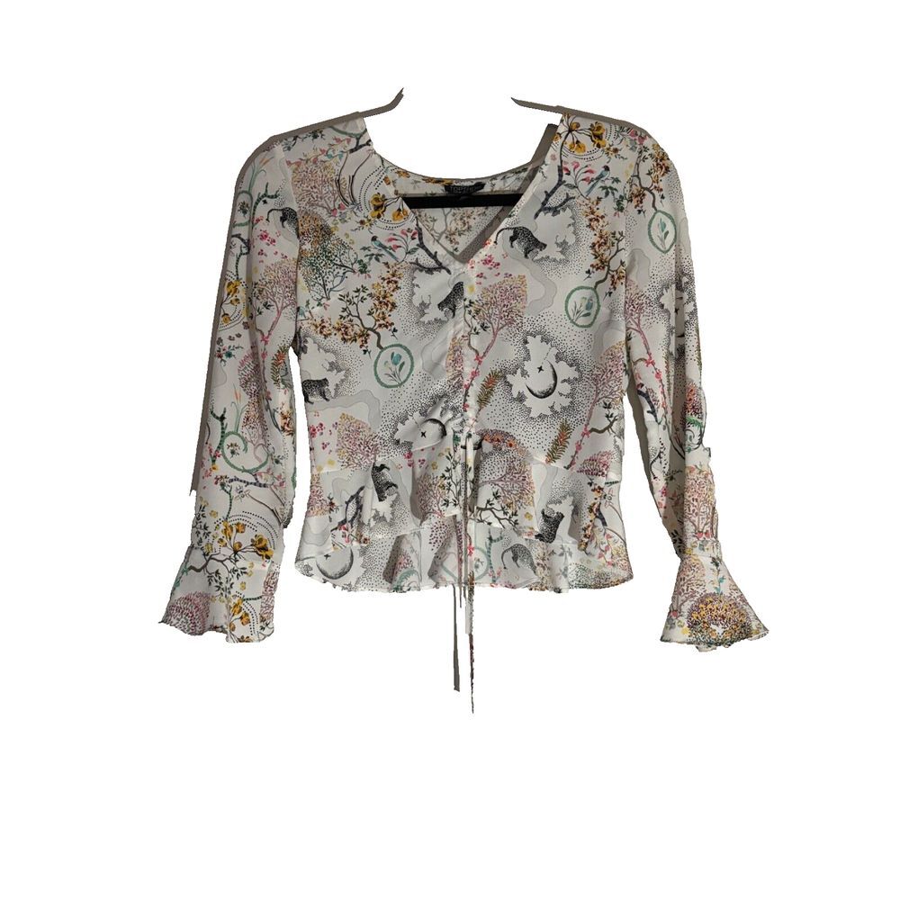 Topshop Leopard and Floral Print Ruched Crop Top Blouse Size 0 Crop Bohemian